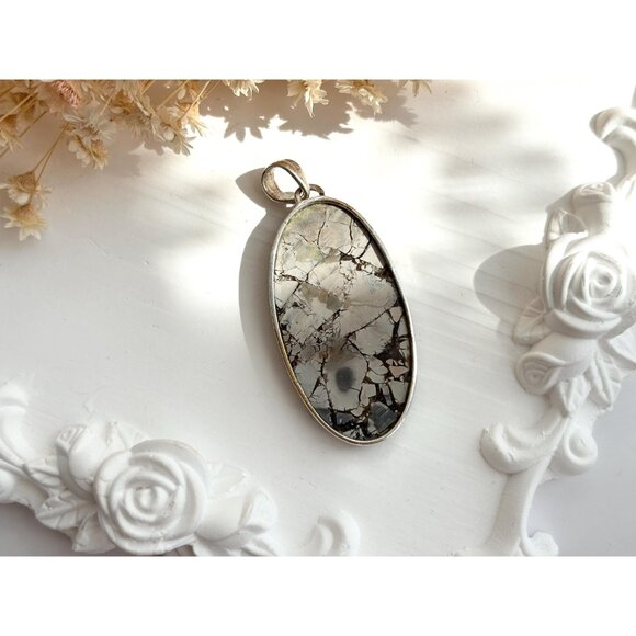 Maligano Jasper Oval Shaped Large Sterling Silver 925 Vintage Statement Pendant - Picture 4 of 10